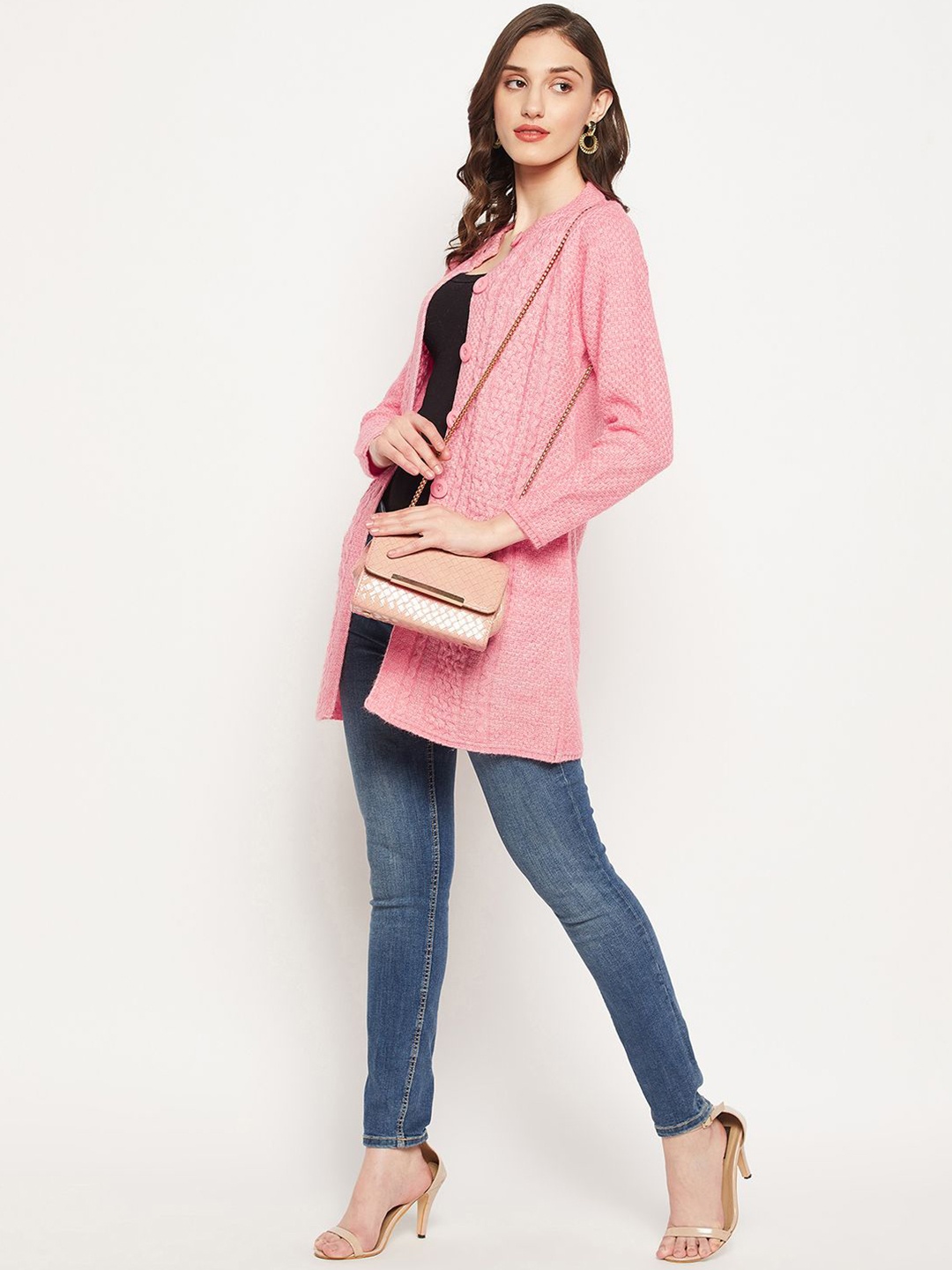 

Zigo Women Cable Knit Woollen Longline Cardigan, Pink