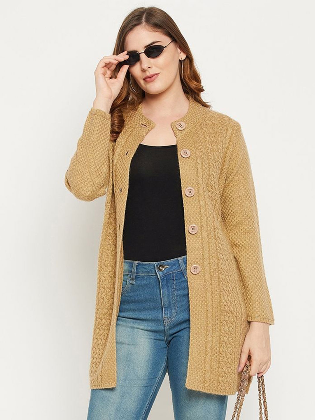 

Zigo Women Cable Knit Self Design Longline Cardigan, Camel brown