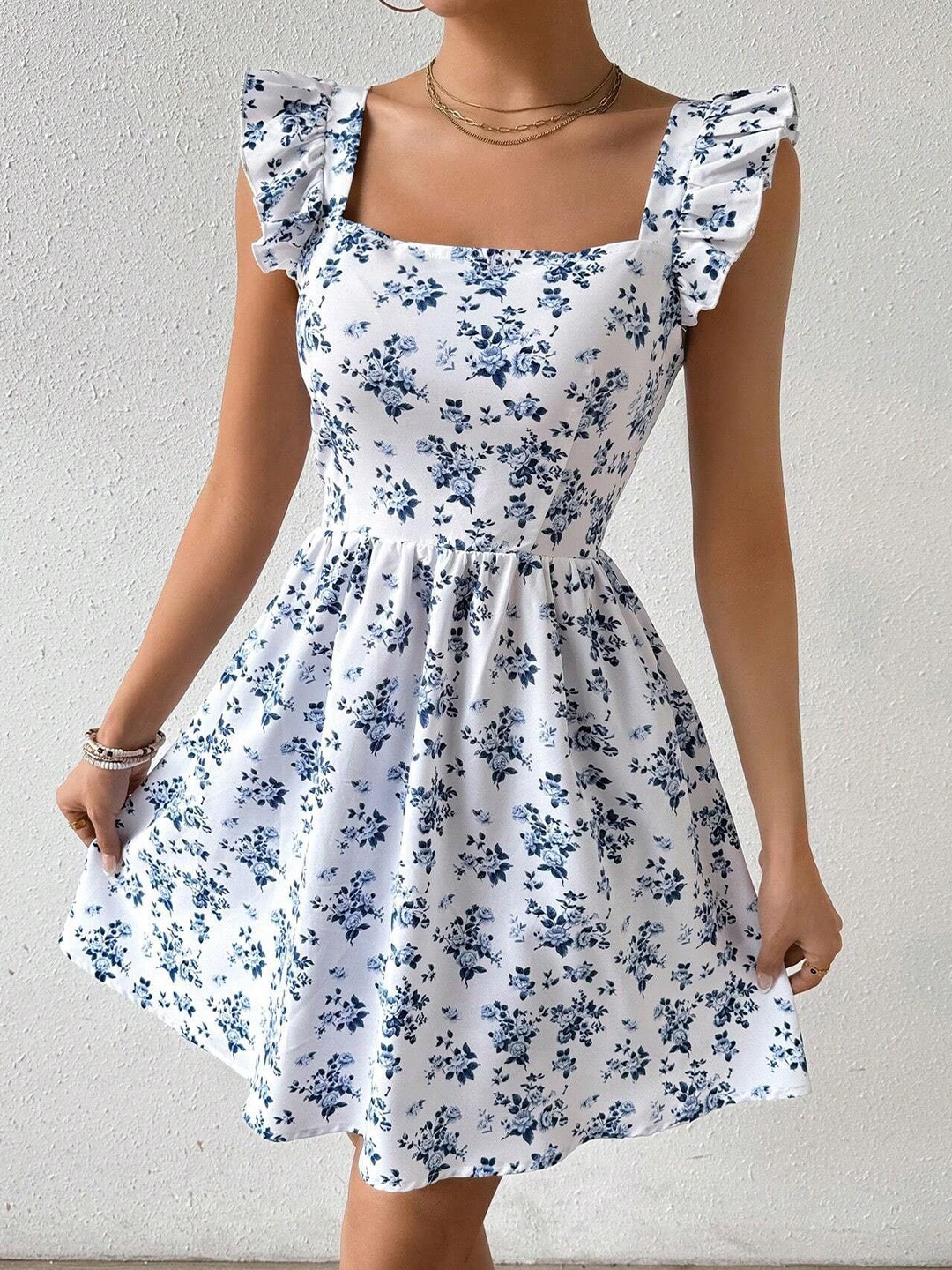 

DressBerry Floral Printed Flutter Sleeve Fit & Flare Dress, White