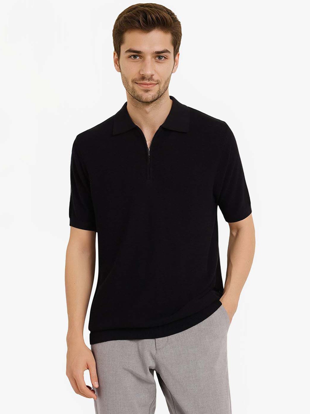 

RARE RABBIT Men Solid Polo Collar Cotton T-shirt, Black