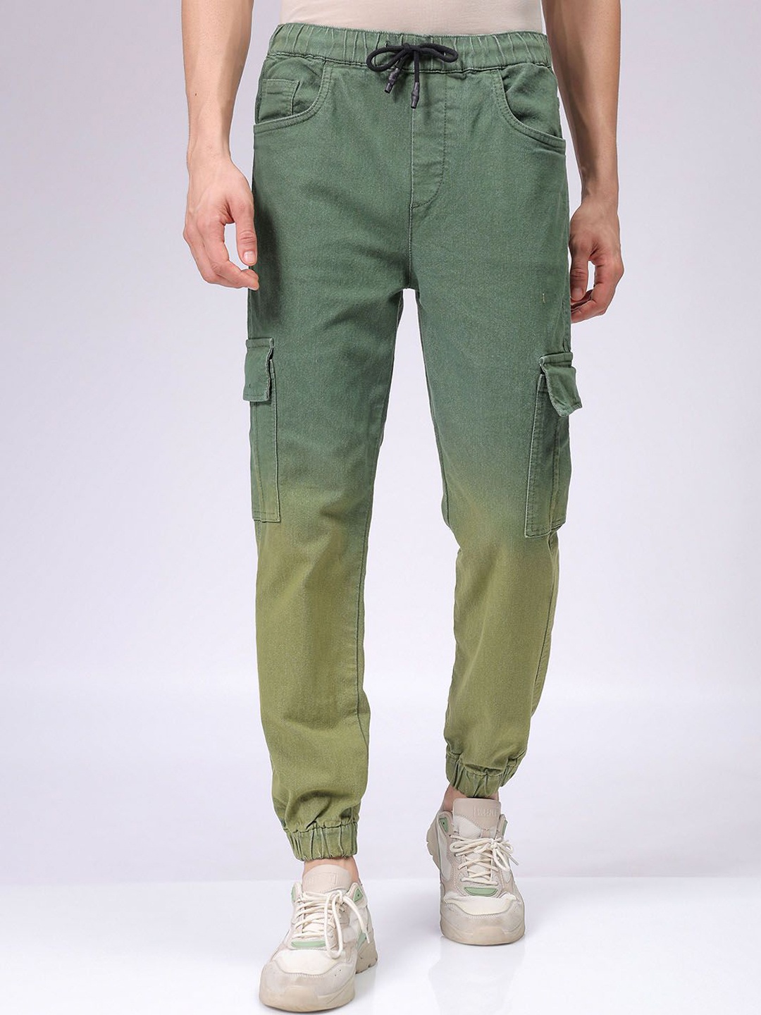 

The Indian Garage Co Men Low Distress Stretchable Cargo Denim Joggers, Green