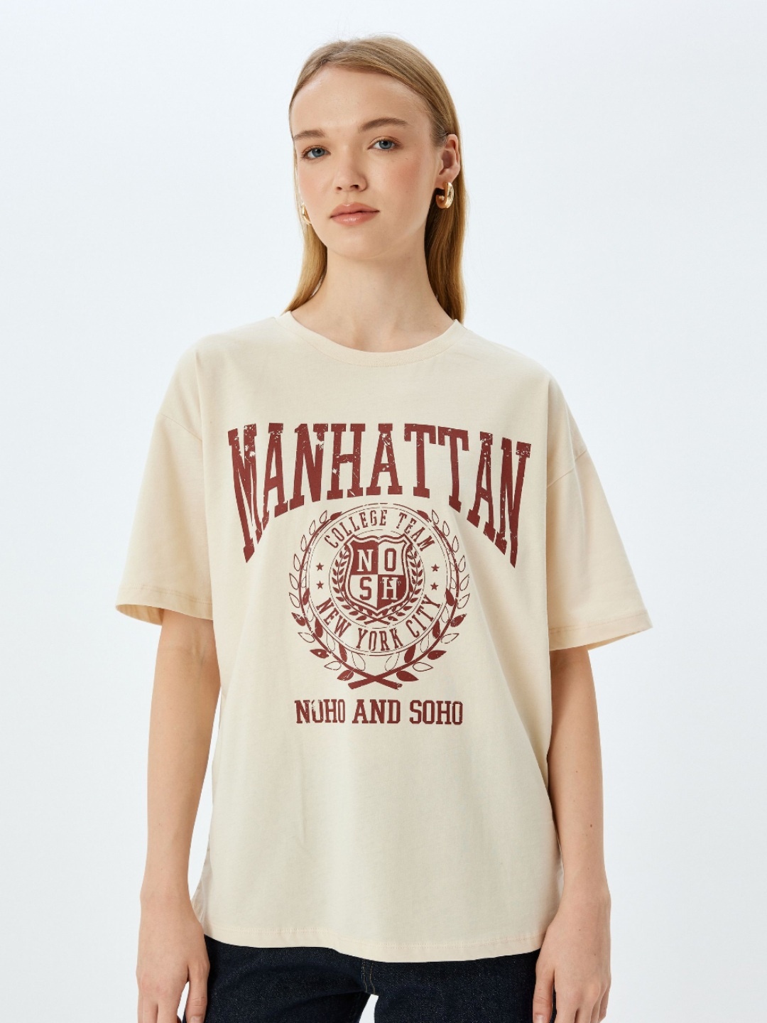 

Koton Women Typography Printed Round Neck Cotton Oversized T-shirt, Beige