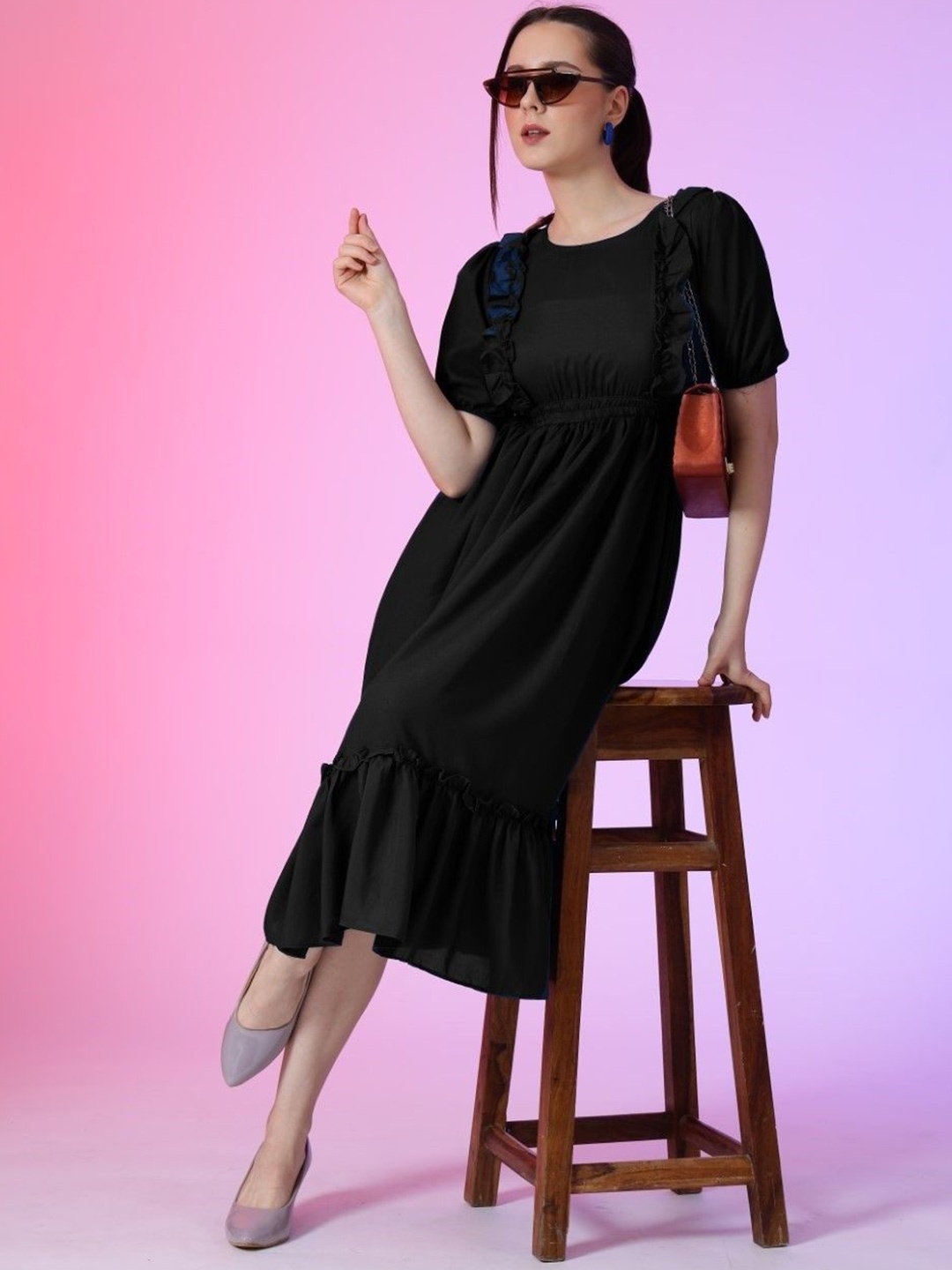 

Raiyani Enterprise Women Puff Sleeves Fit & Flare Midi Dress, Black