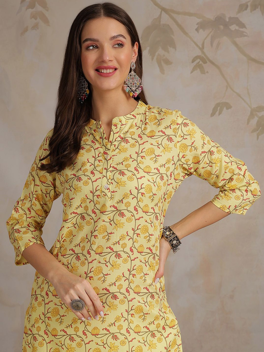 

Anouk Rustic Women Ethnic Motifs Printed Thread Work Kurta, Yellow