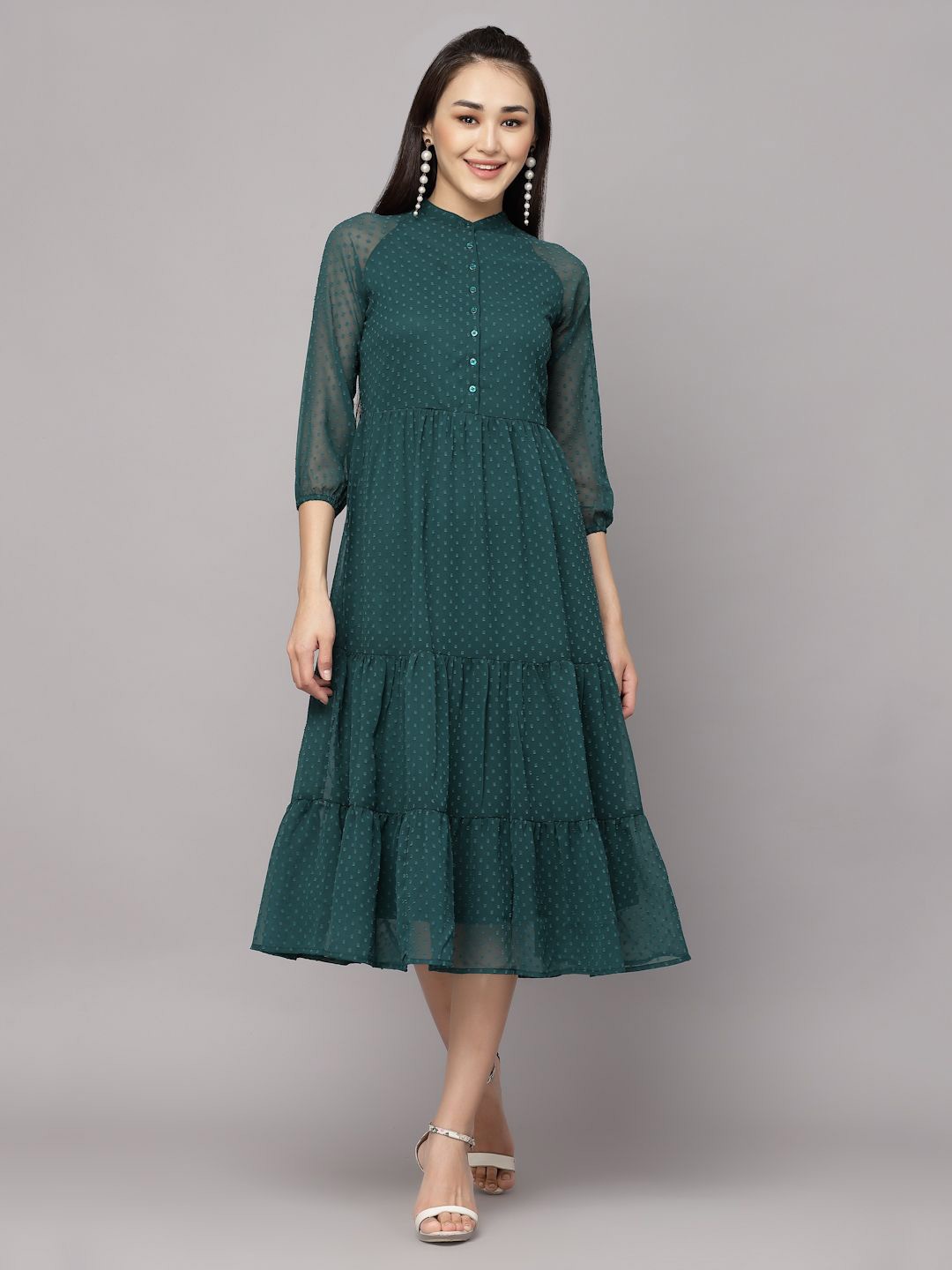 

BAESD Georgette Mandarin Collar Puff Sleeve Tiered Fit & Flare Midi Dress, Green