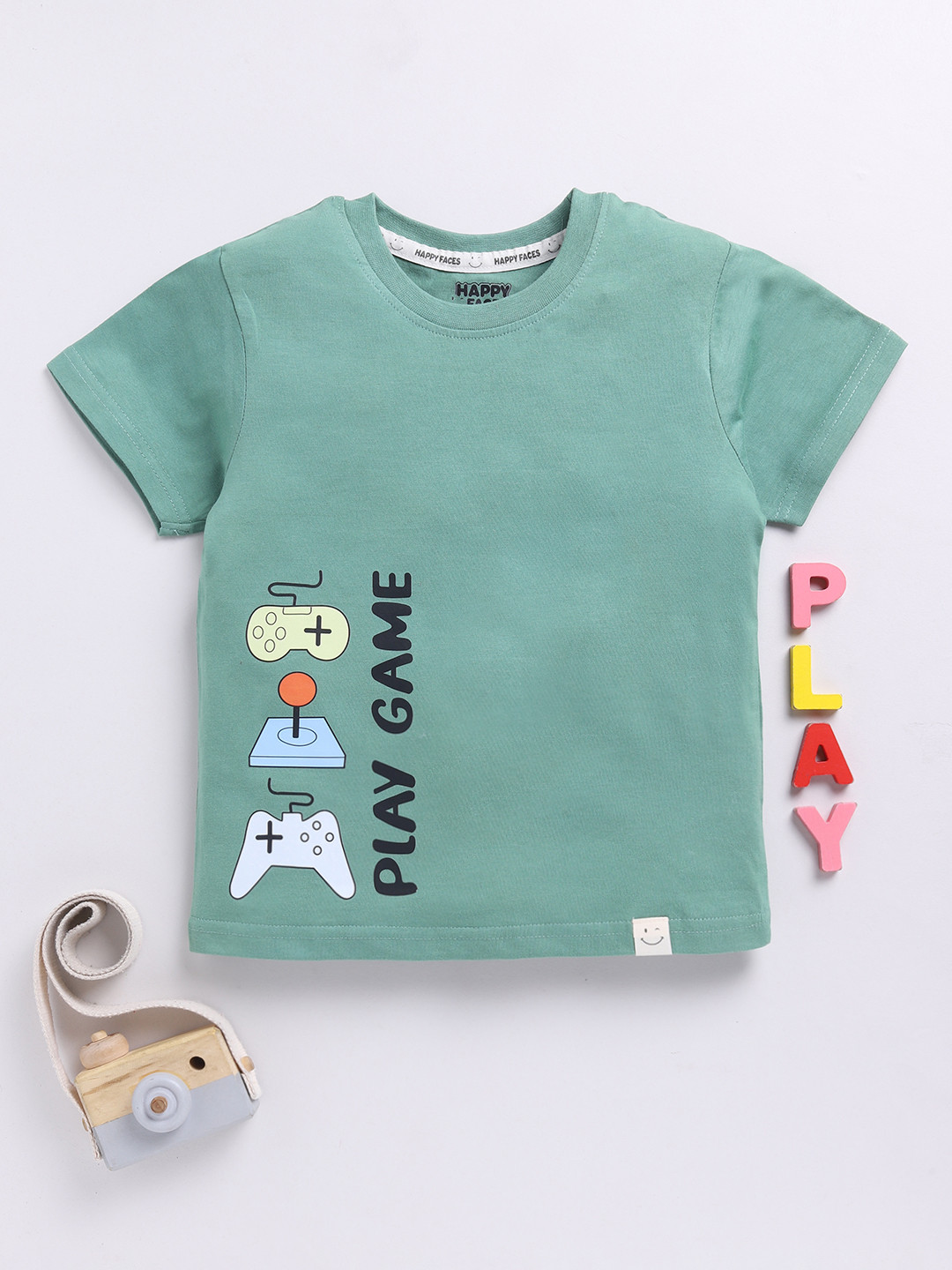 

Happy Faces Boys Pure Cotton Typography & Graphic Printed T-shirt, Green