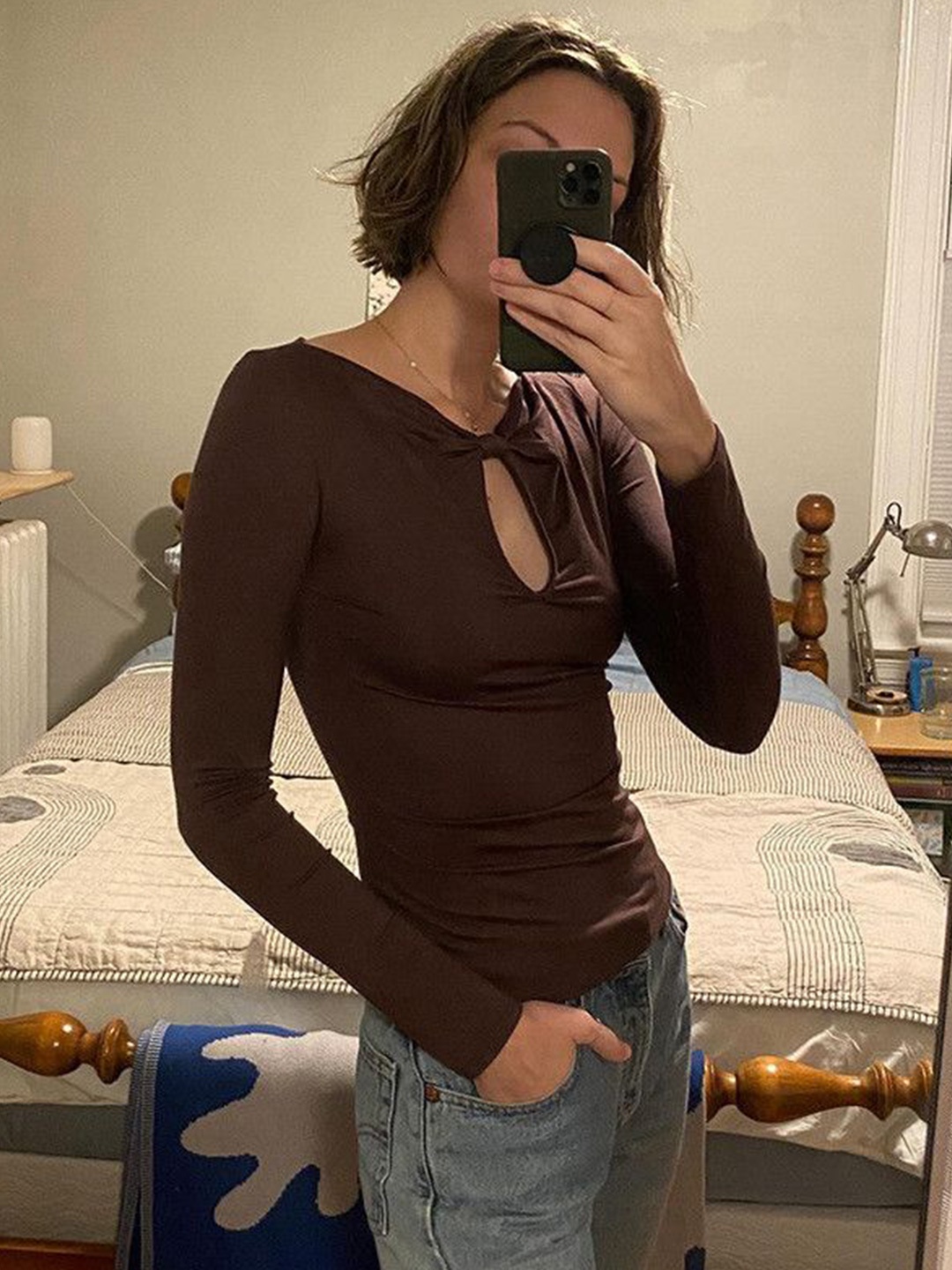 

DressBerry Women Keyhole Neck Long Sleeves Top, Brown