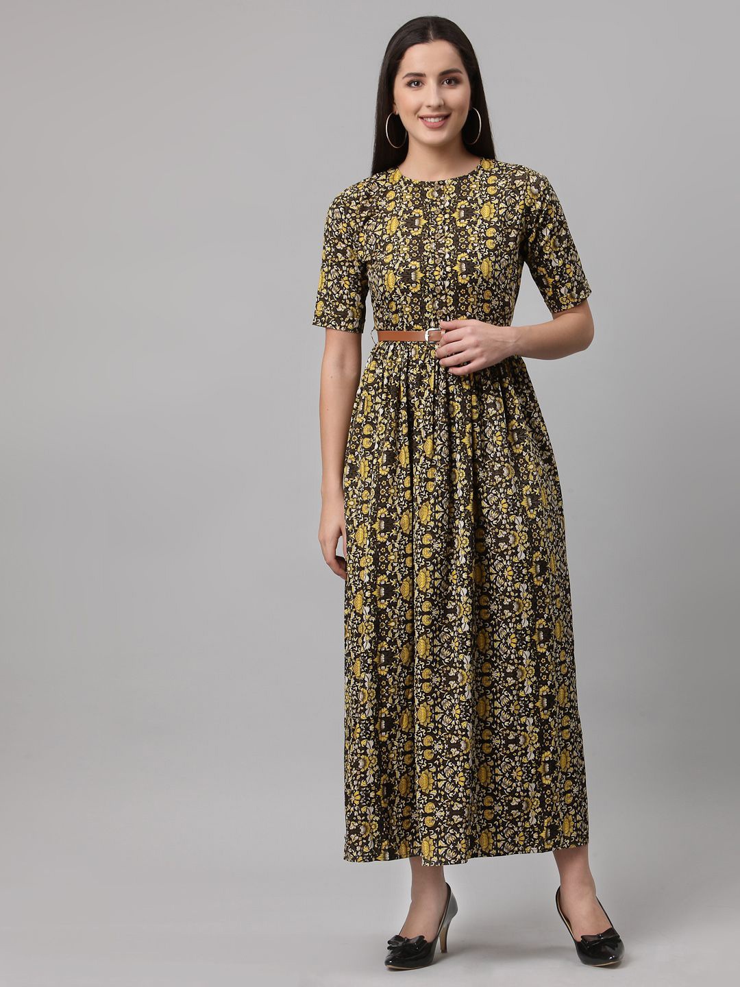 

BAESD Women Floral Printed Crepe Fit & Flare Maxi Dress, Yellow