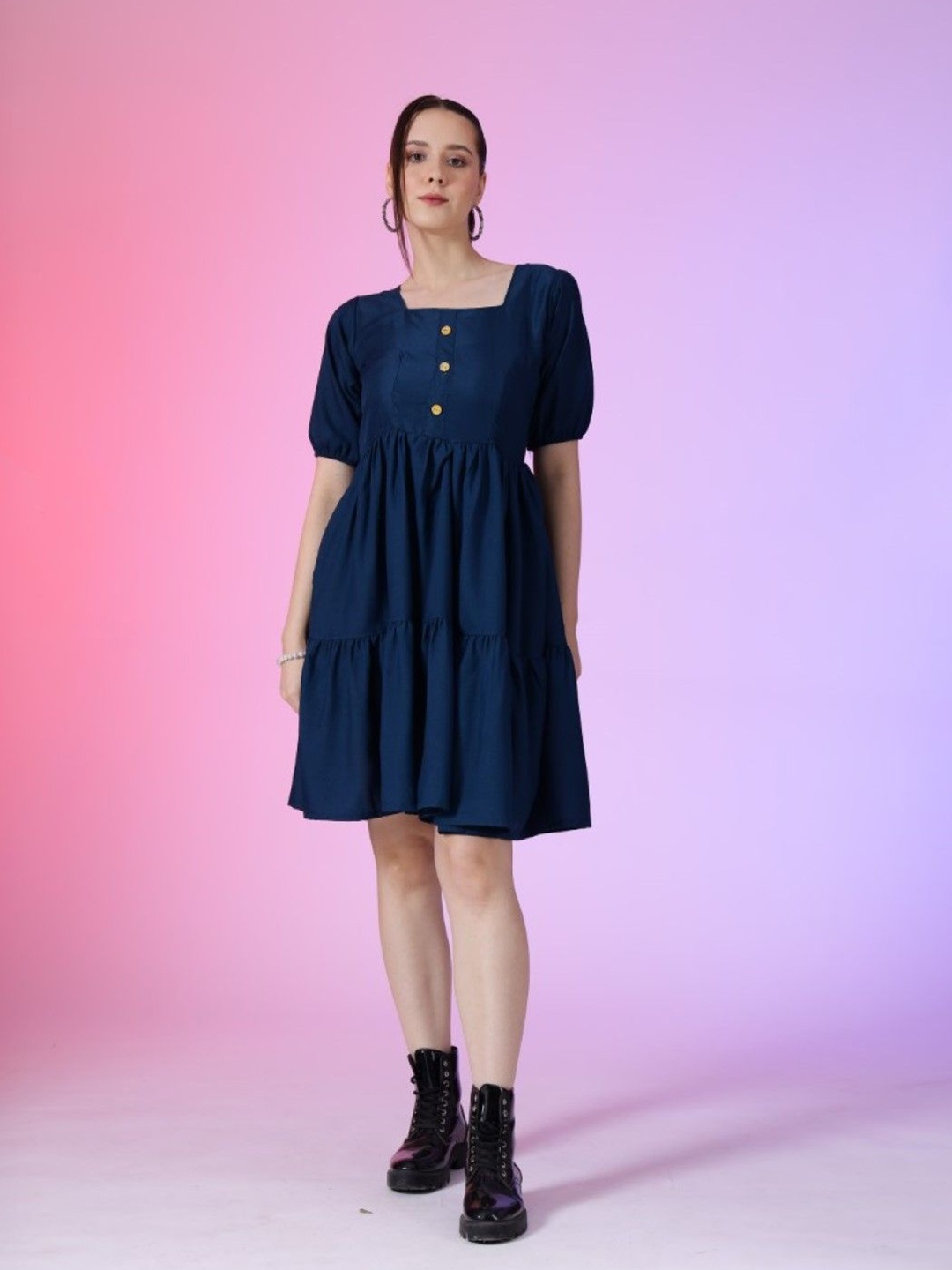 

Raiyani Enterprise Women Square Neck Fit & Flare Dress, Blue