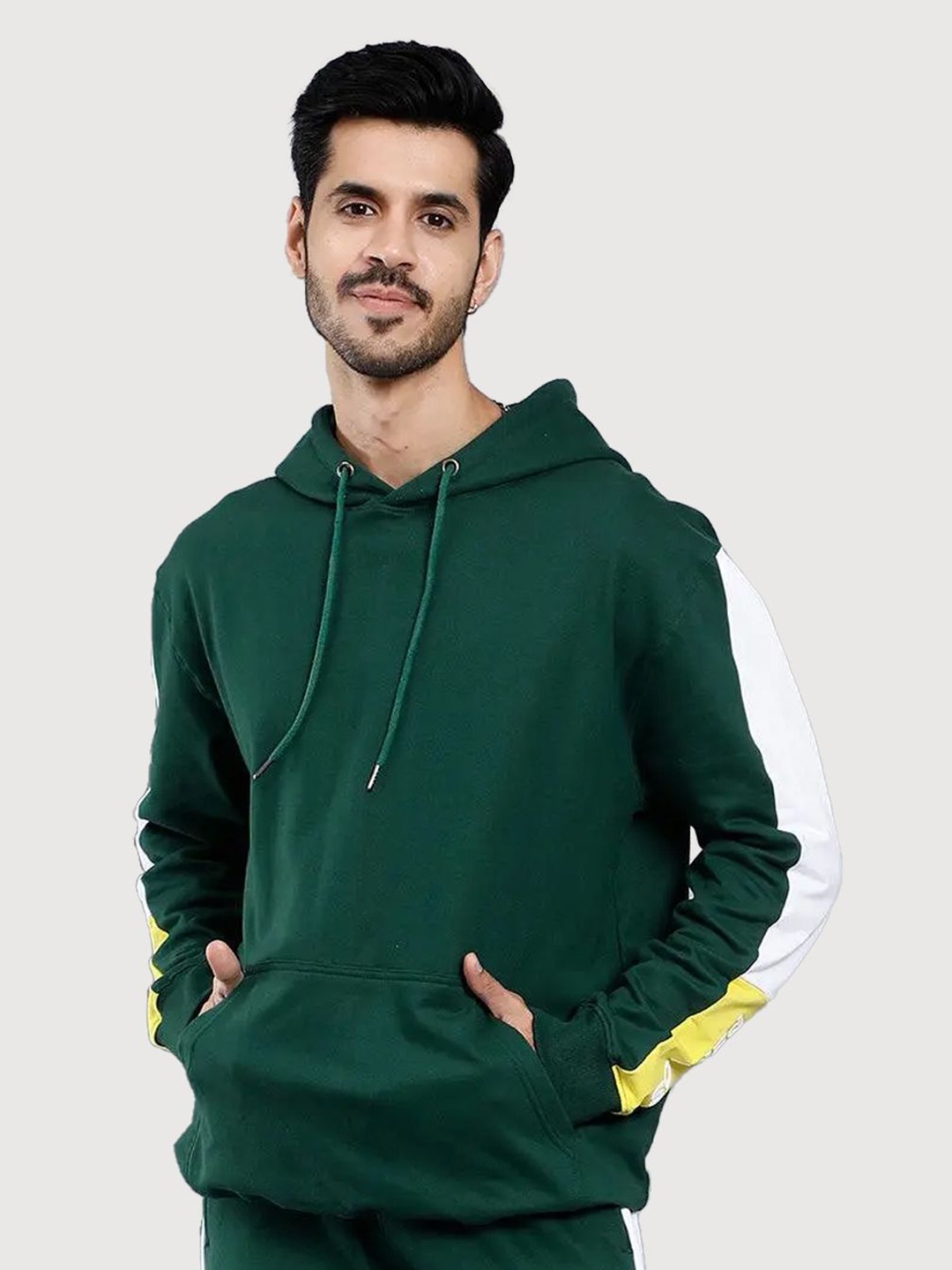 

PEPLOS Men Cotton Colourblocked Hooded Pullover Sweatshirt, Green
