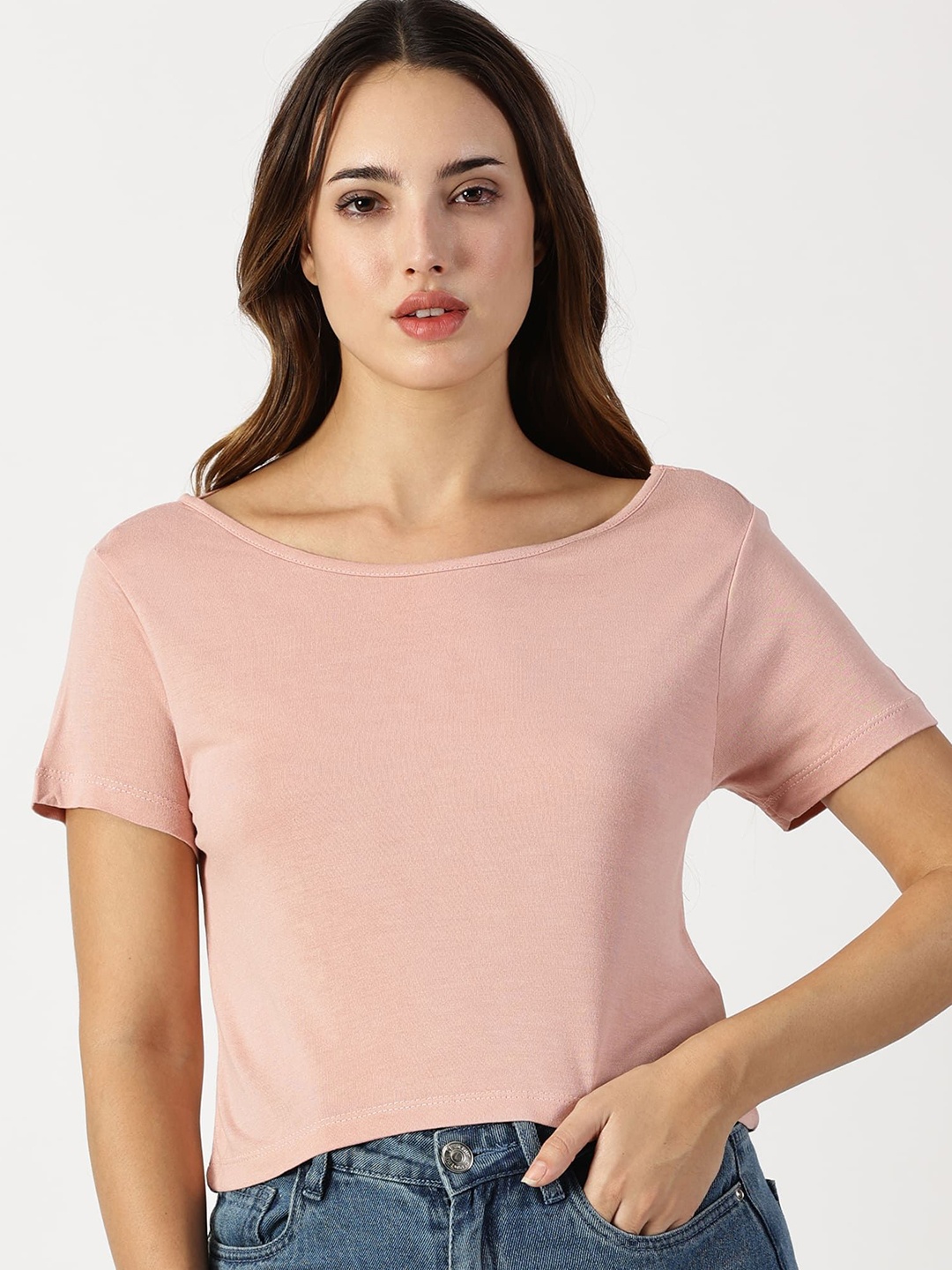 

RAVINIK Women Round Neck Cotton Styled Back Crop Top, Pink
