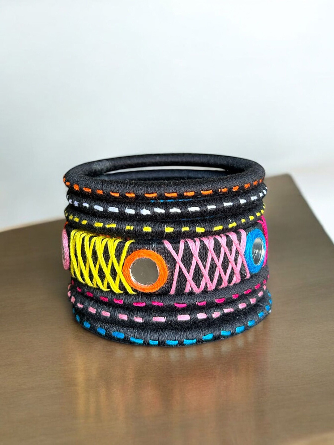 

JEWELWATI Set Of 7 Mirror & Thread Work Bangles, Pink
