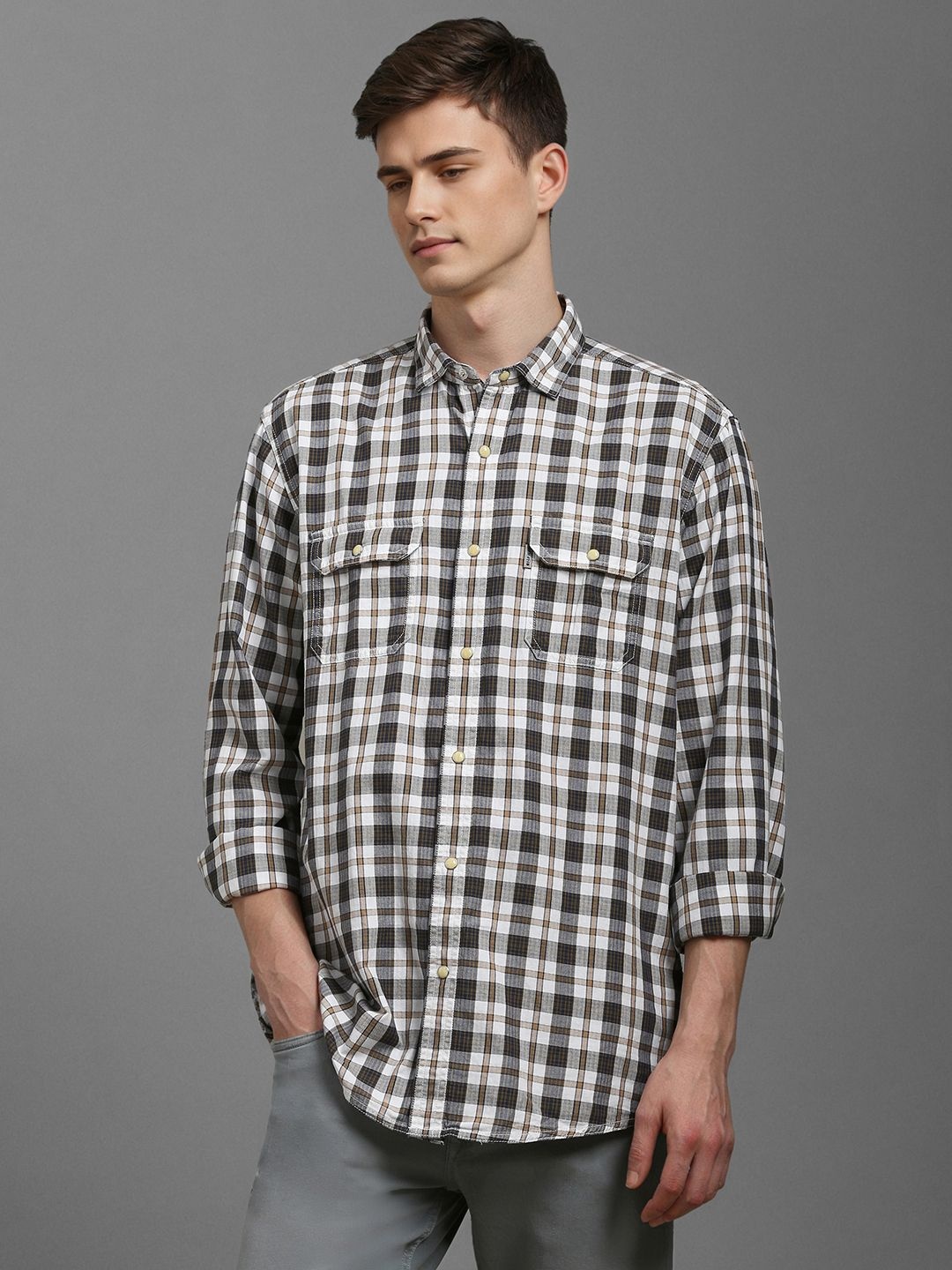 

Louis Philippe Jeans Men Spread Collar Tartan Checked Cotton Casual Shirt, White