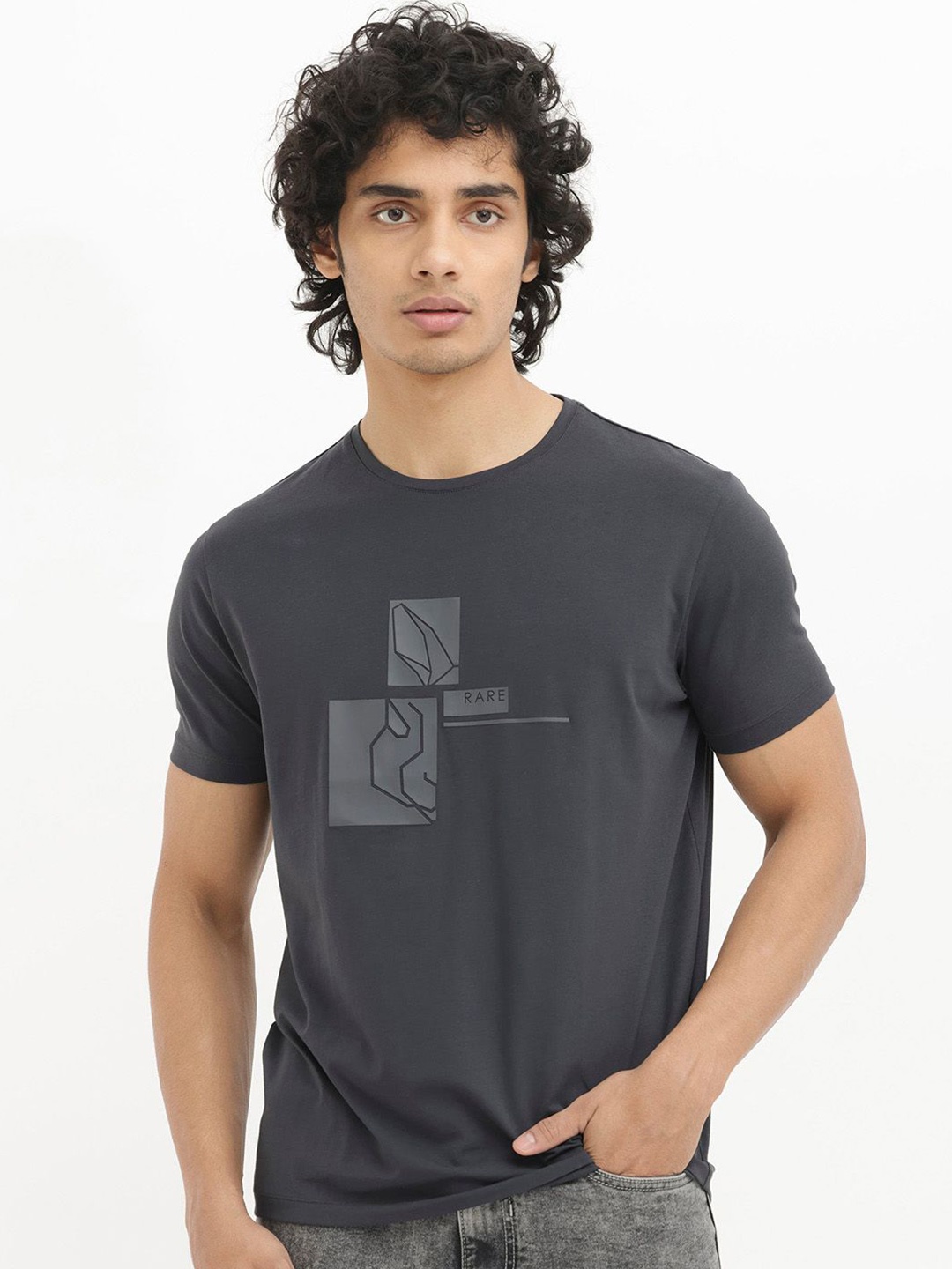 

RARE RABBIT Men Graphic Printed Round Neck Cotton T-shirt, Grey