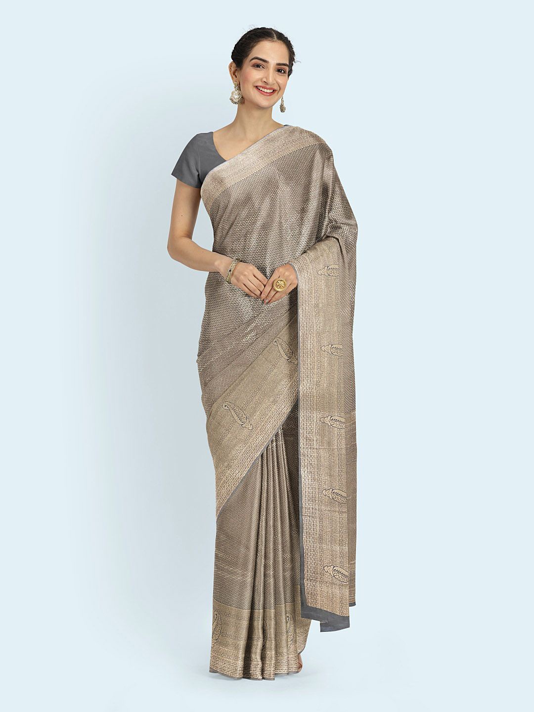 

Meena Bazaar Plain Woven Design Art Silk Saree, Grey