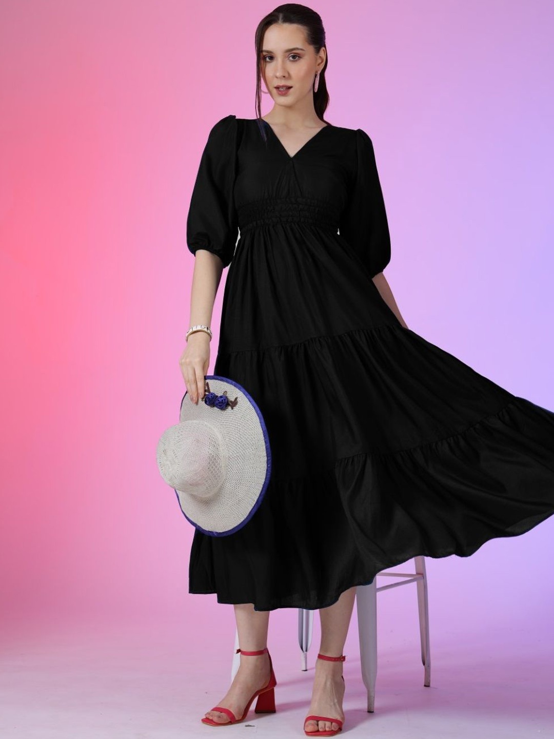 

Raiyani Enterprise Women V-Neck Fit & Flare Tiered Puff Sleeves Midi Dress, Black
