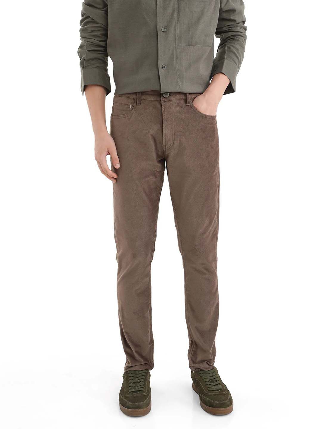

RARE RABBIT Men Comfort Fit Mid-Rise Chinos Cotton Trousers, Brown
