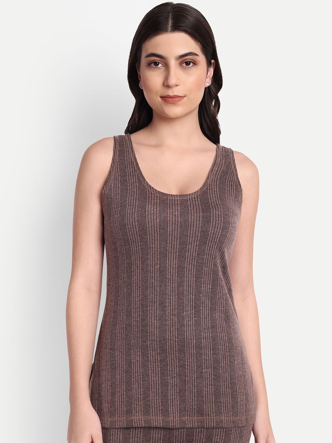 

ZEFFIT Women Striped Cotton Thermal Tops, Coffee brown
