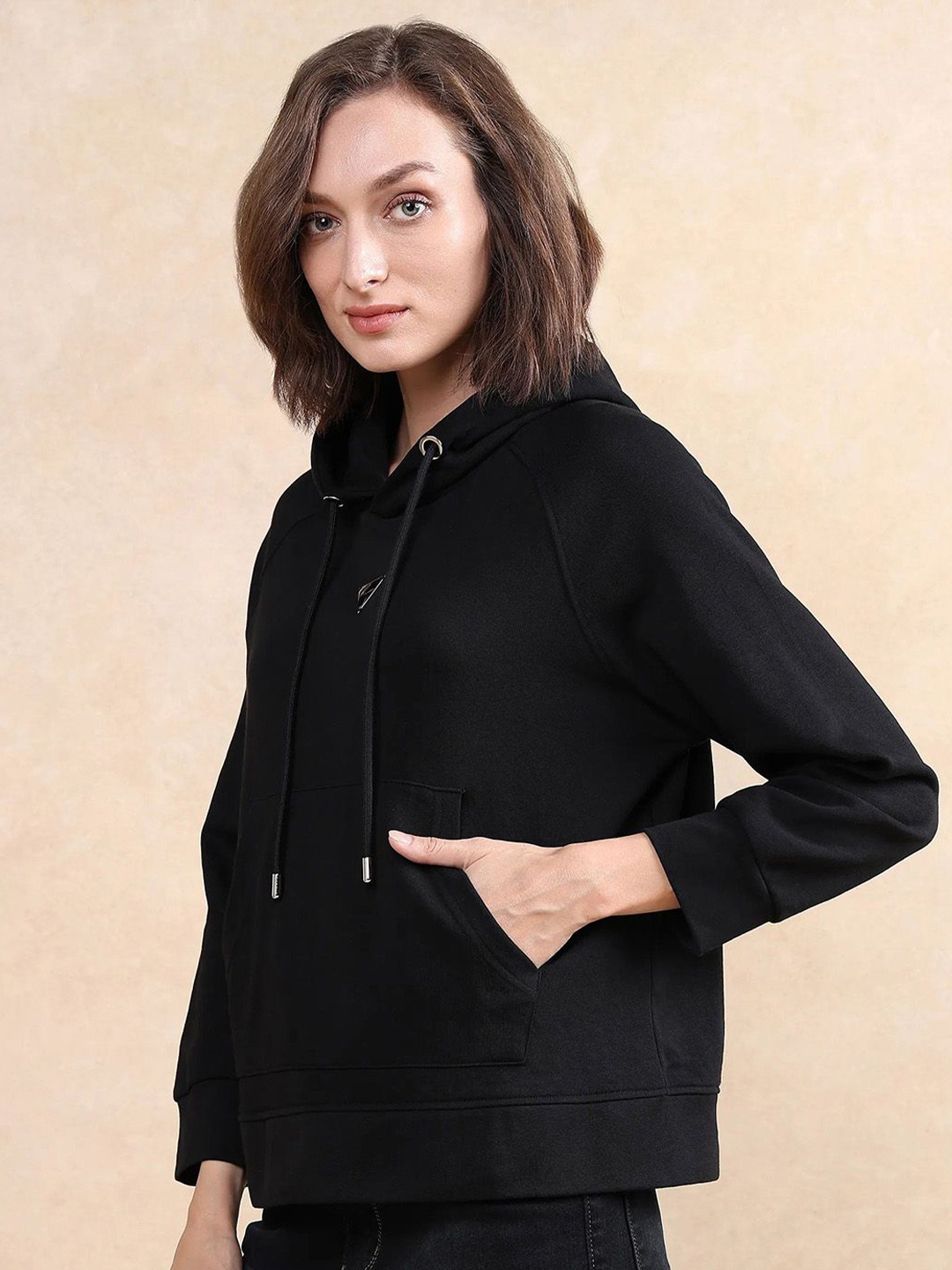 

RAREISM Women Cotton Hooded Sweatshirt, Black