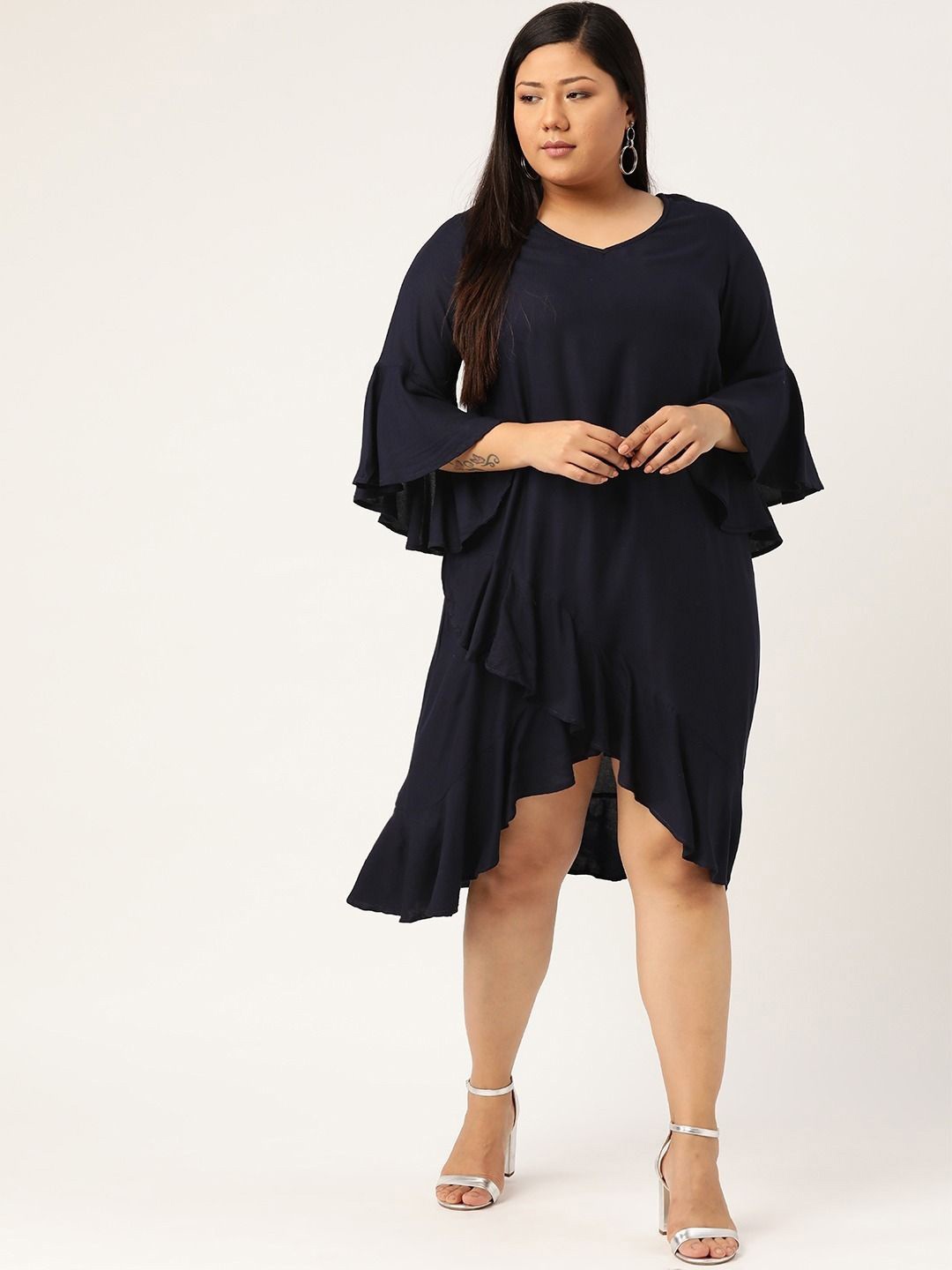 

theRebelinme Women Bell Sleeve Ruffled A-Line Plus Size Midi Dress, Navy blue