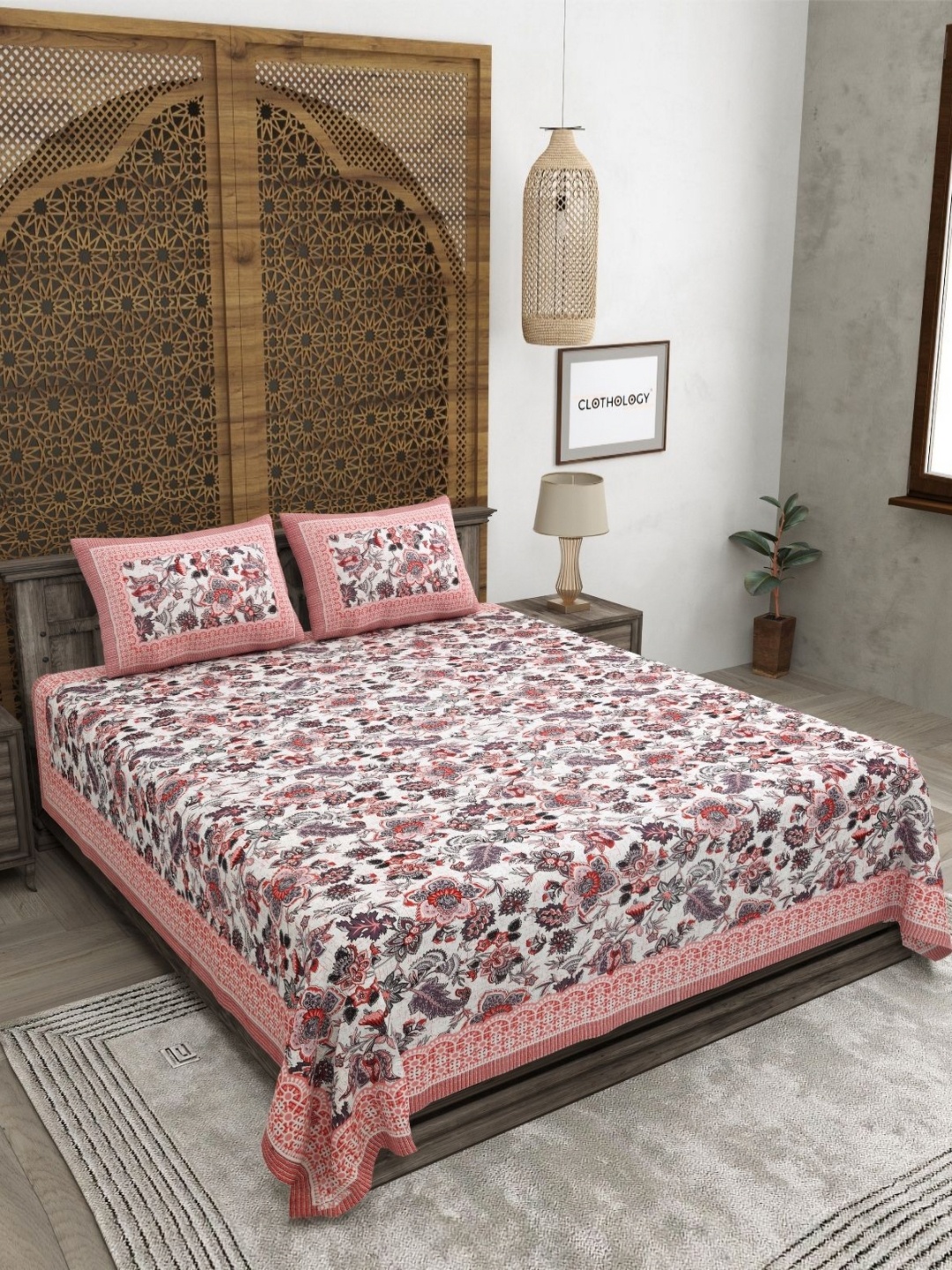 

CLOTHOLOGY Peach-Coloured Floral 180 TC Pure Cotton King Bedsheet Set-2.75 m x 2.25 m