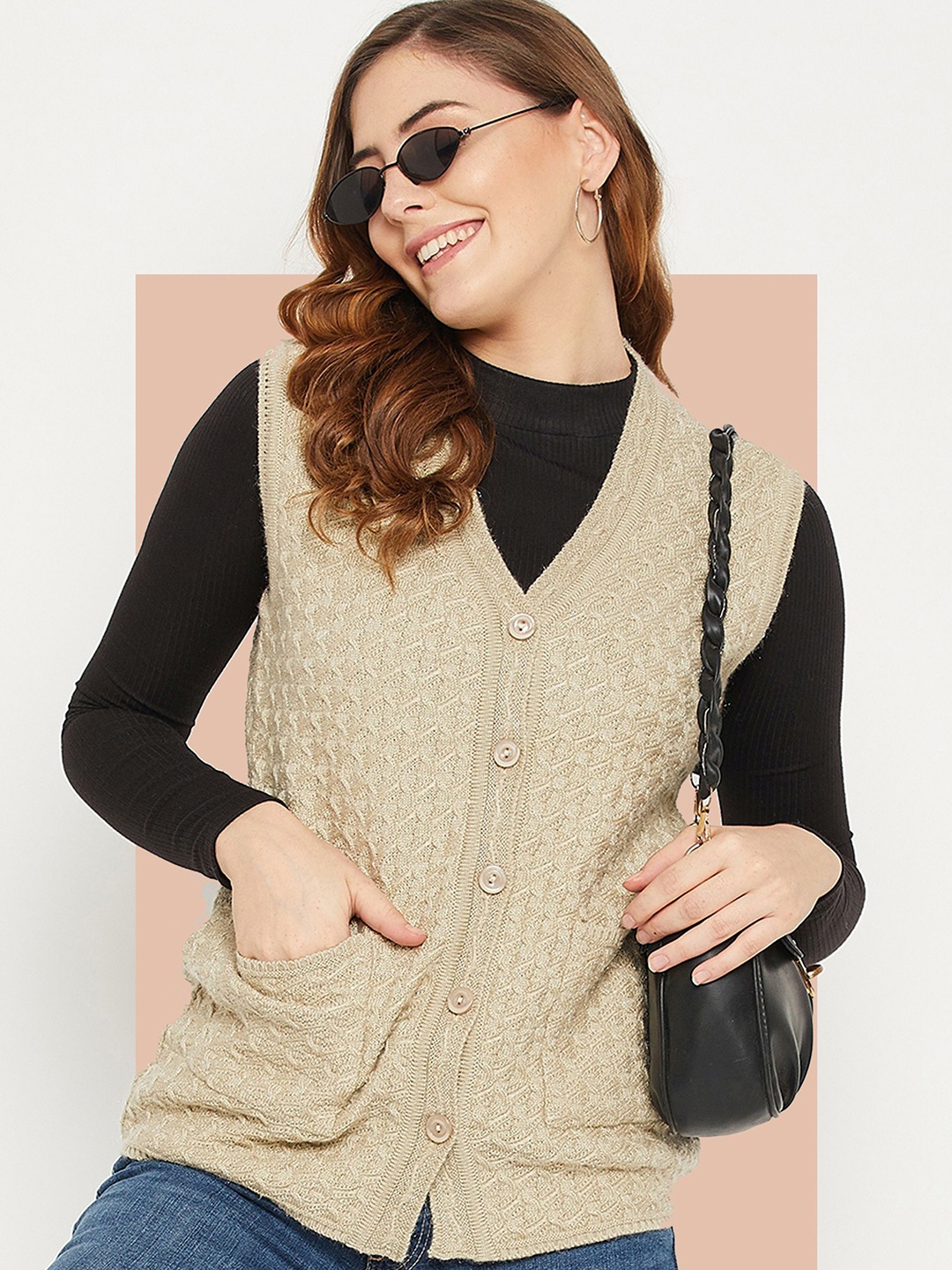 

Zigo Women Cable Knit Woollen V-neck Cardigan, Beige