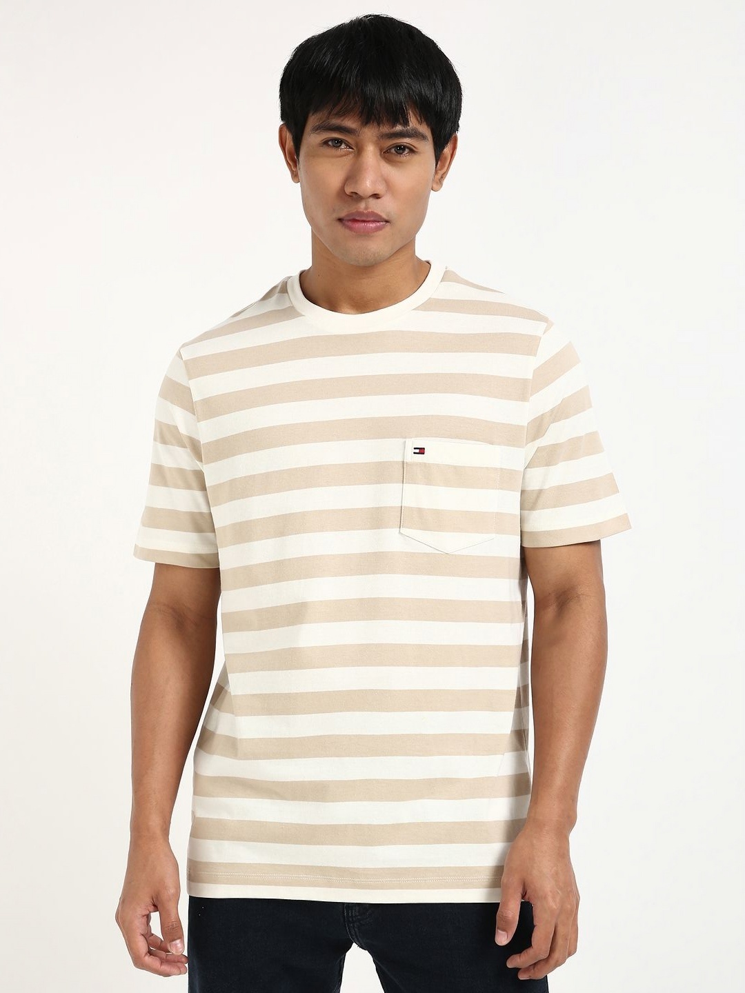 

Tommy Hilfiger Men Striped Round Neck Cotton T-shirt, Off white