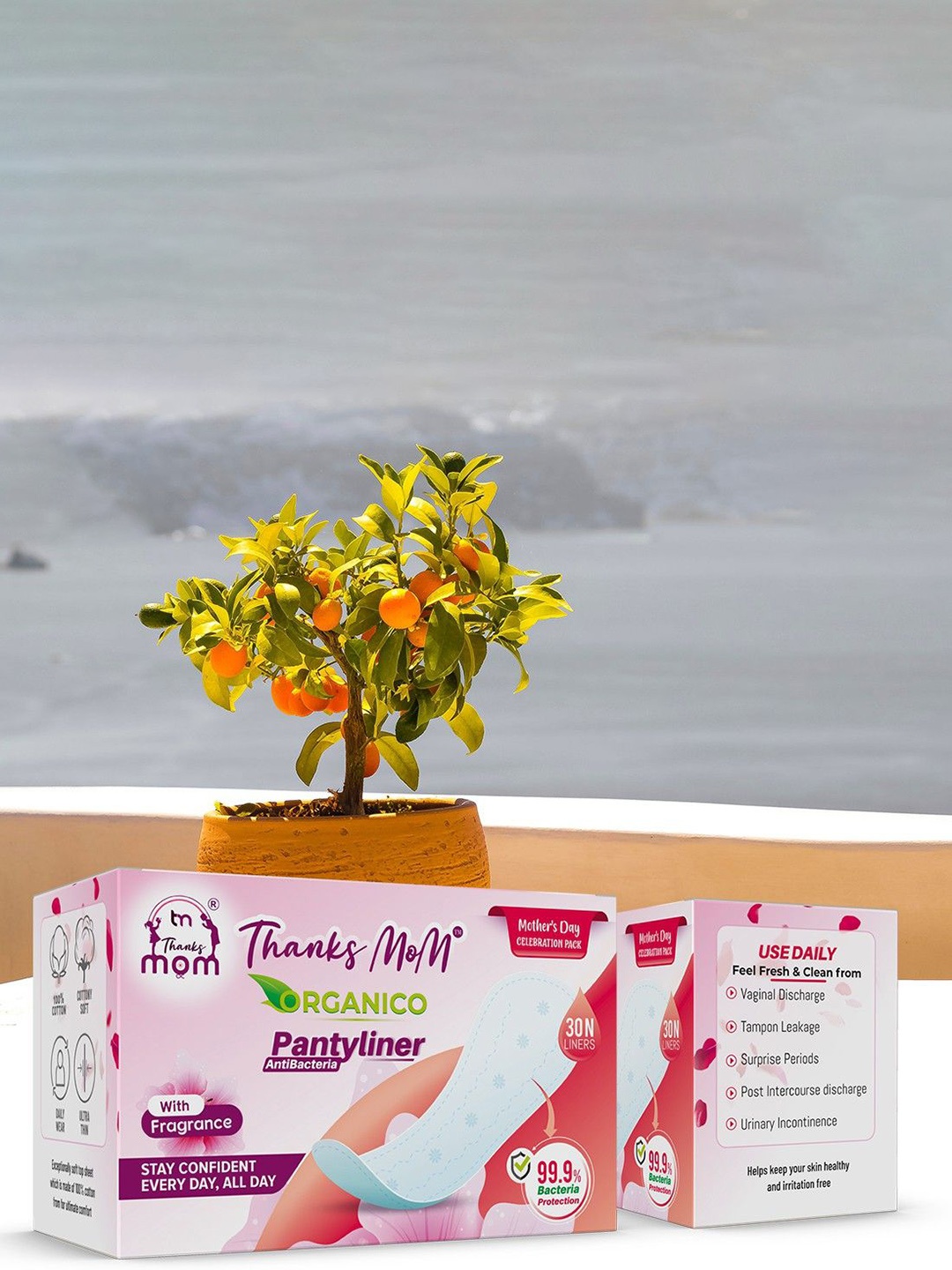 

THANKS MOM Pack Of 6 Organico Antibacterial Panty Liners - 30 Pads each, White