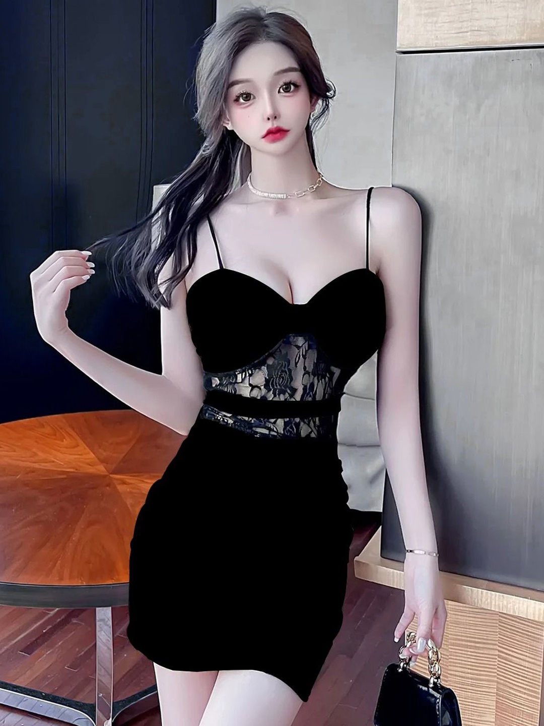 

KRENOZ Women Satin Self Design Shoulder Straps Baby Doll, Black