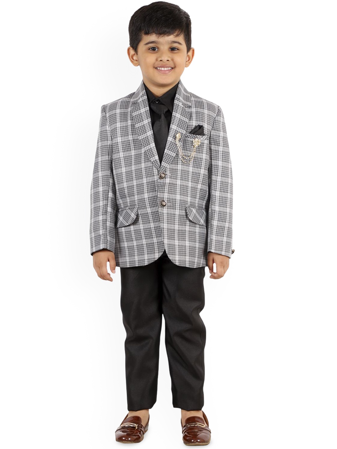 

BAESD Boys 3-Pc Checked Regular Fit Blazer and Trousers Single-Breasted Suit, Grey