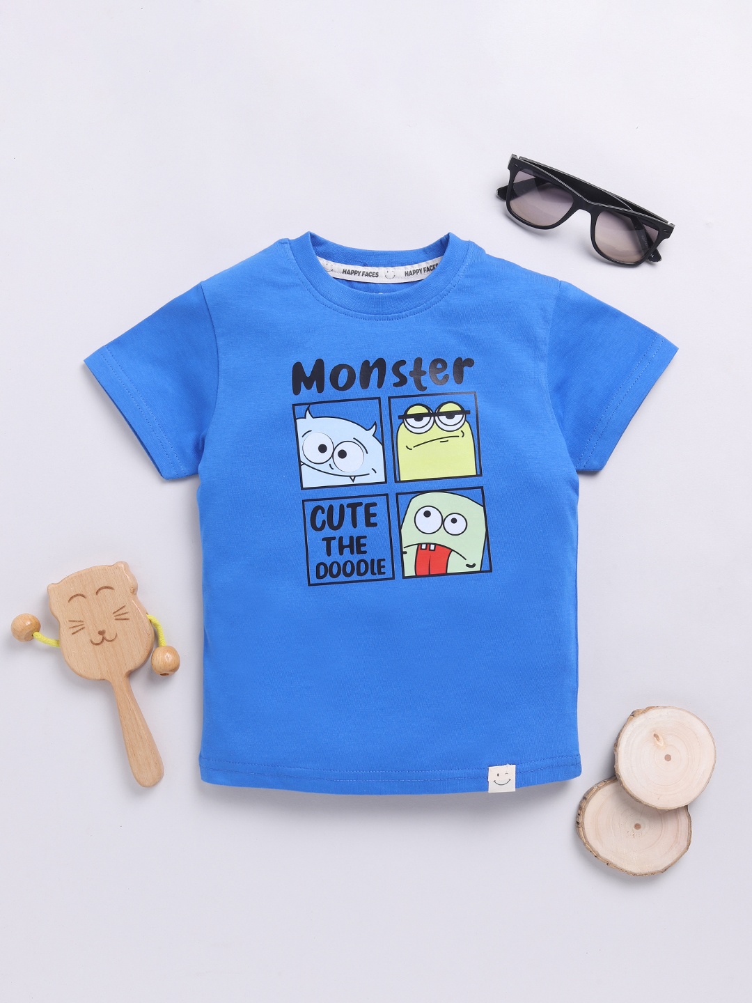 

Happy Faces Boys Pure Cotton Typography & Graphic Printed T-shirt, Blue