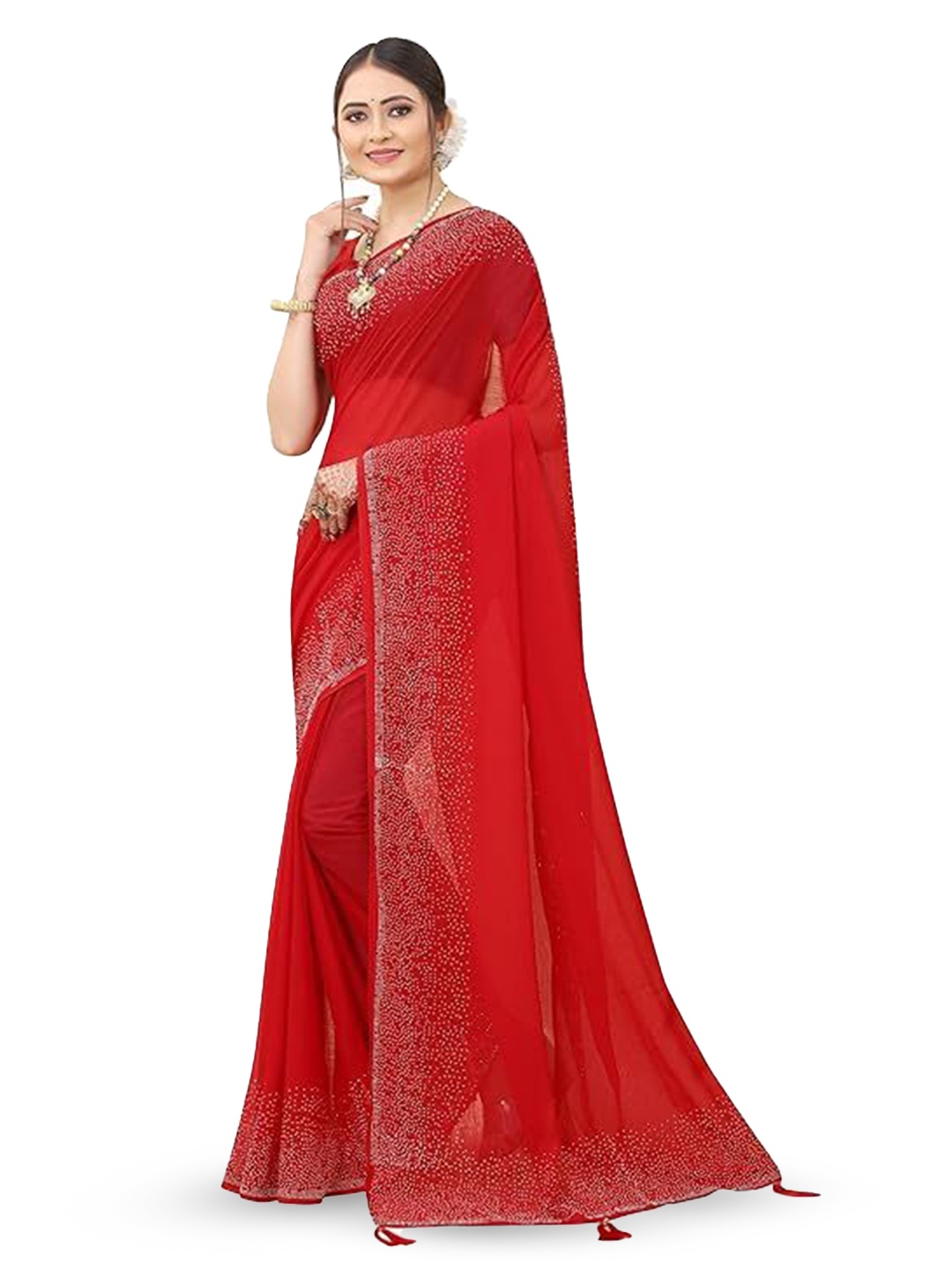 

SWADESI STUFF Embellished Beads and Stones Pure Georgette Saree, Red