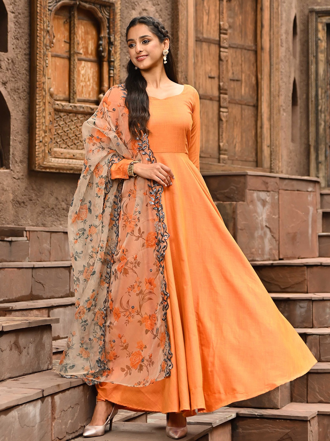 

Vinya Women Solid Printed Maxi Ethnic Dress, Orange