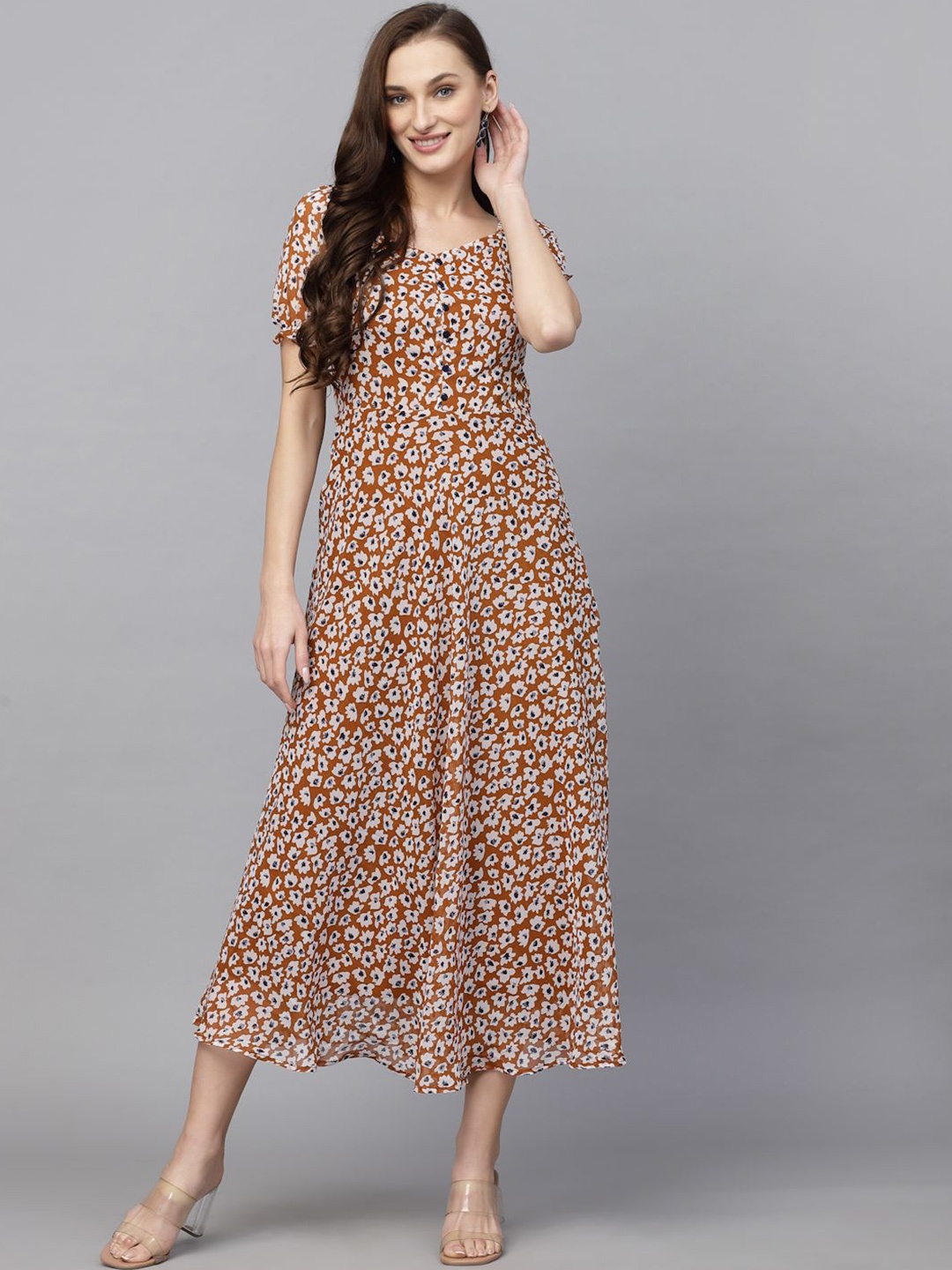 

BAESD Women Floral Printed Puff Sleeve Fit & Flare Midi Dress, Brown