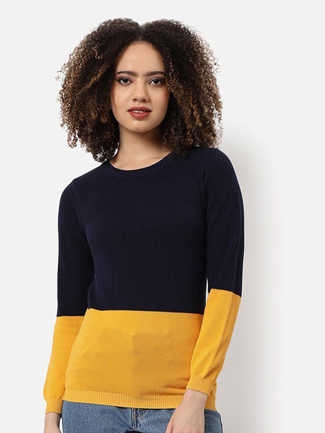 

Campus Sutra Women Colourblocked Round Neck Pullover, Navy blue