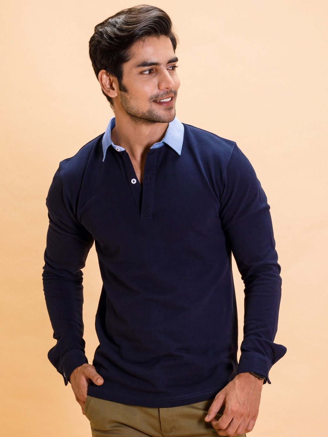 

FREBANO Men Mandarin Collar Bio Finish Applique T-shirt, Navy blue