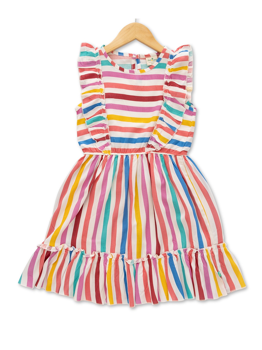 

JusCubs Girls Printed Striped Cotton Flutter Sleeve Fit & Flare Dress, Red