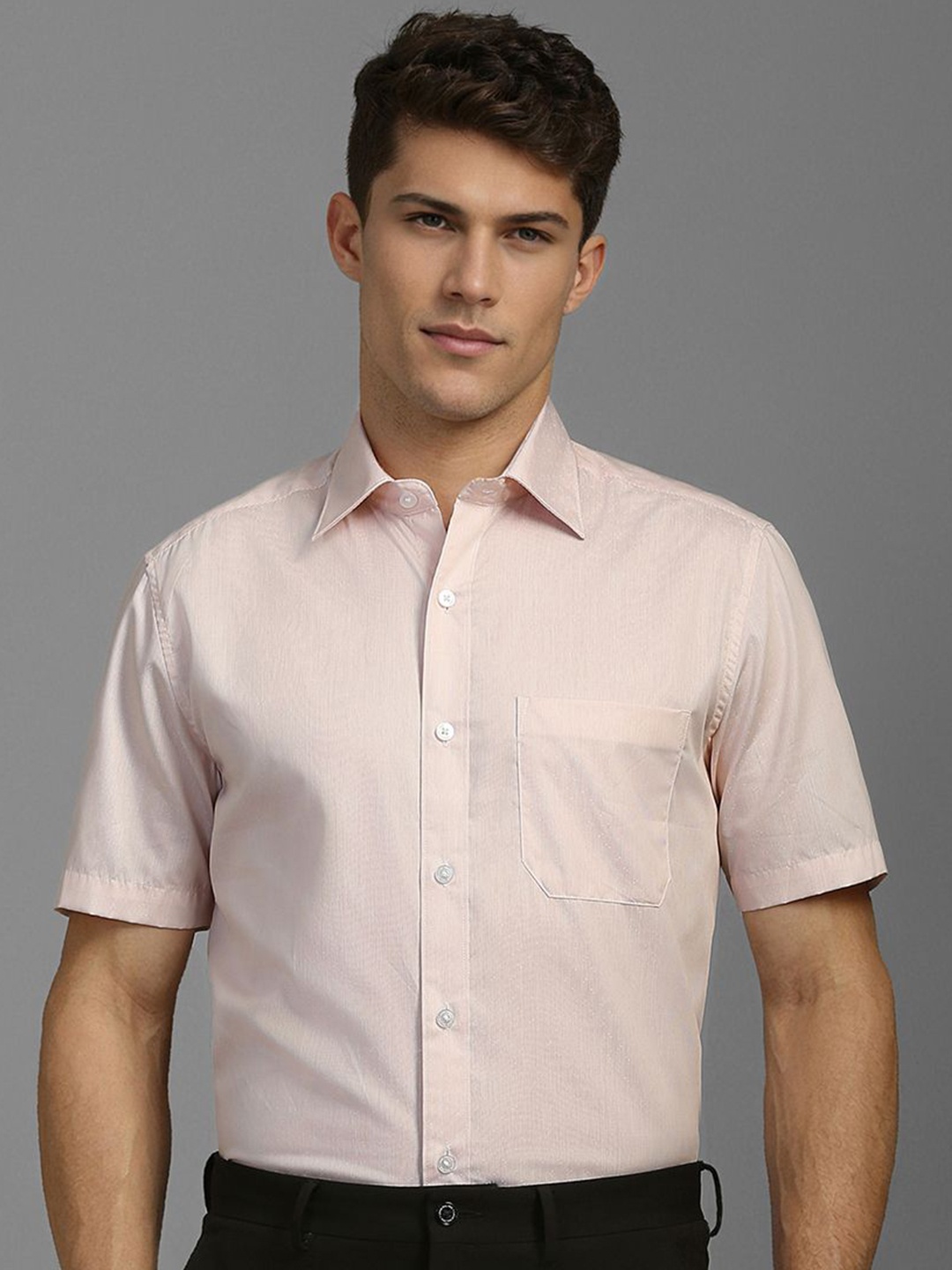 

Louis Philippe Men Classic Spread Collar Solid Cotton Formal Shirt, Beige