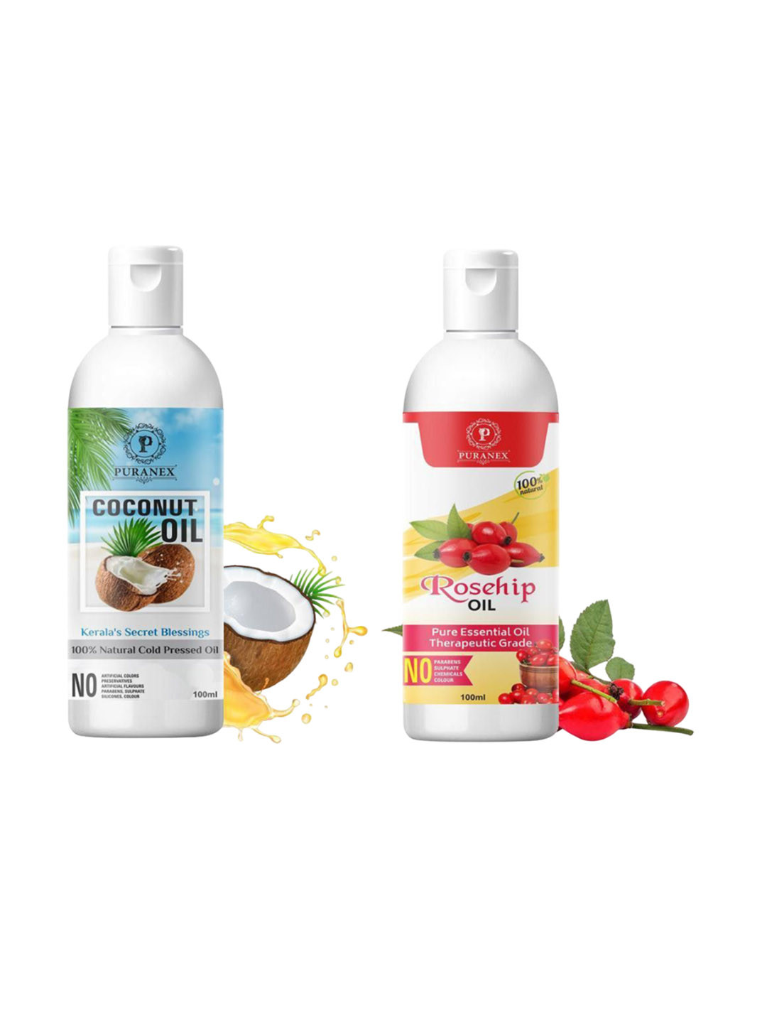 

Puranex Set Of 2 Natural & Pure Coconut & Rosehip Hair Oil- 100 ml Each, Transparent