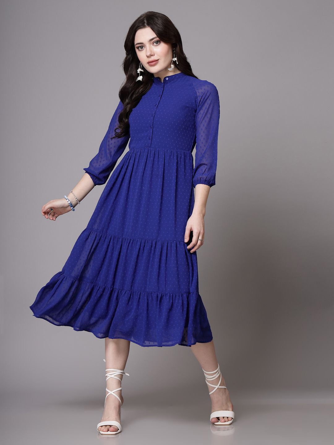 

BAESD Women Puff Sleeve Tiered Fit & Flare Midi Dress, Navy blue