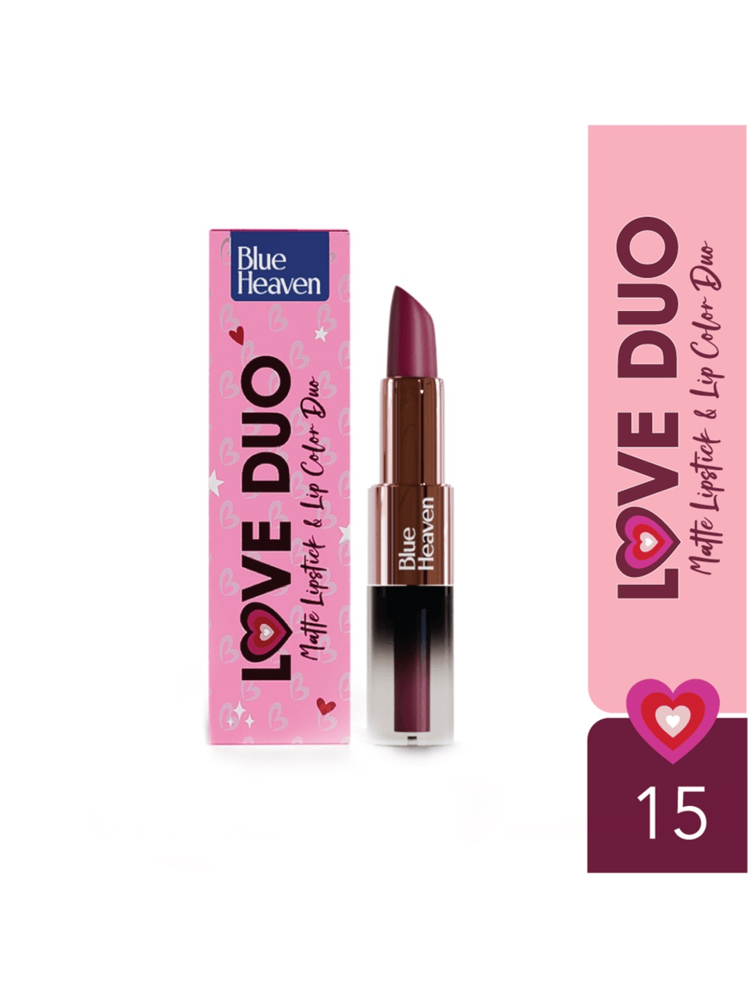 

Blue Heaven Love Duo 2-in-1 Dual Sided Matte Lipstick & Lip Colour 1.5ml + 4g - Shade 15, Pink