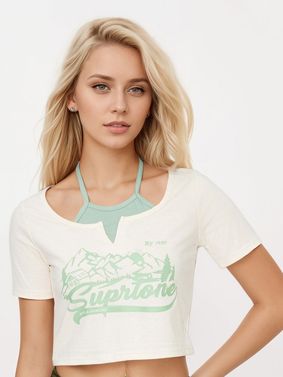 

StyleCast Women Print Tie-Up Neck Crop Top, White