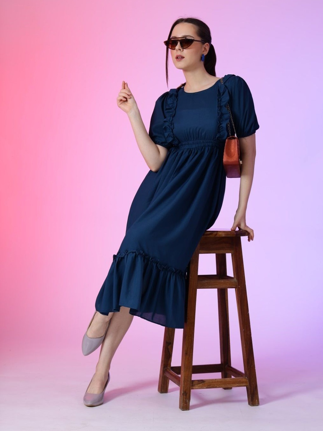 

Femvy Women Puff Sleeves Fit & Flare Dress, Blue