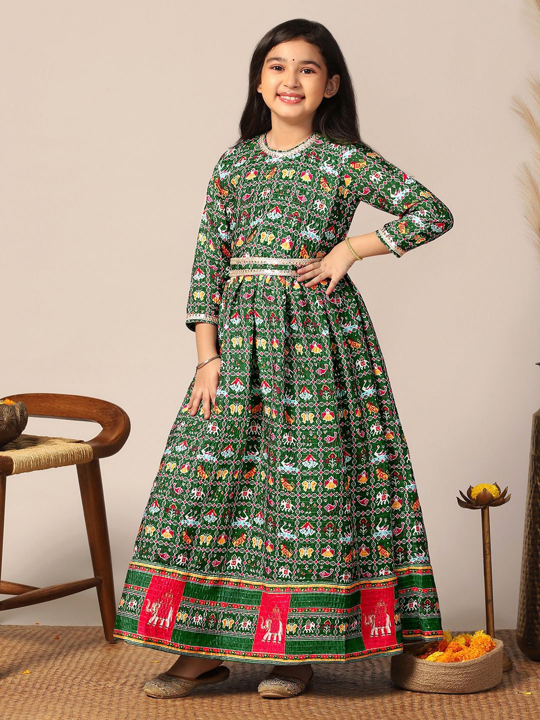 

BAESD Girls Ethnic Motifs printed Fit and Flare Maxi Ethnic Dress, Green