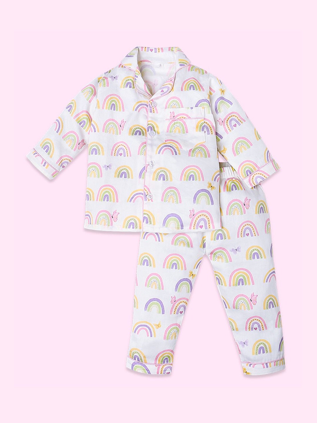 

Fancy Fluff Girls Organic Cotton Conversational Printed Night suit, Pink