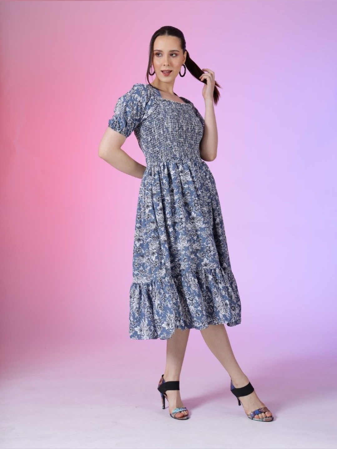 

Raiyani Enterprise Women Floral Printed Fit & Flare Dress, Blue