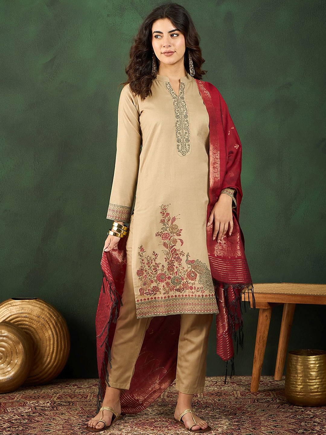 

Sangria Self-Design Winter Kurta & Trouser With Dupatta, Beige