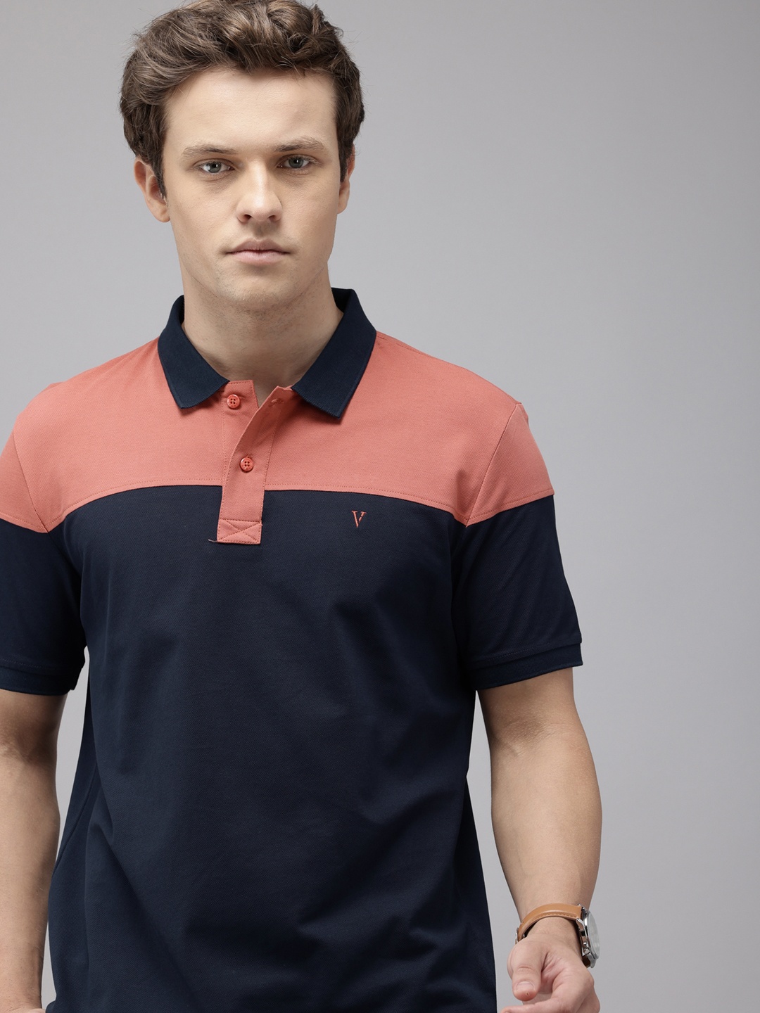 

Van Heusen Sport Pure Cotton Colourblocked Polo Collar Slim Fit T-shirt, Navy blue