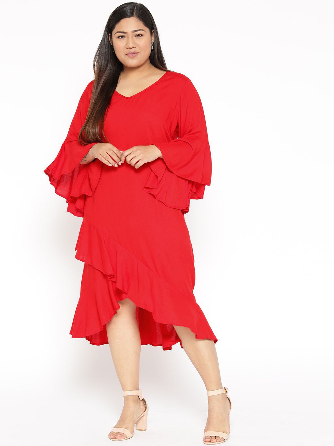 

theRebelinme Women V-Neck A-Line Plus Size Midi Dress, Red