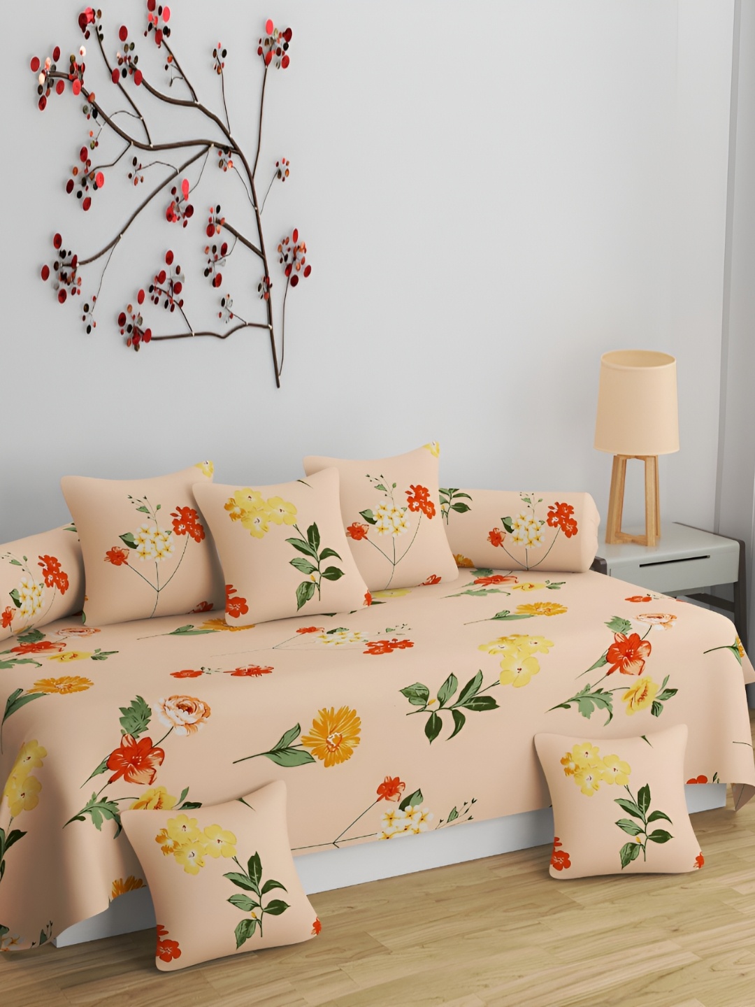 

Bromwick 8-Pcs Peach Colored & Green Printed Diwan Set